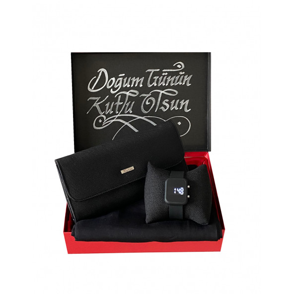 CARLİNO KADIN SİYAH CÜZDAN-PENYE ŞAL-DİJİTAL KOL SAATİ