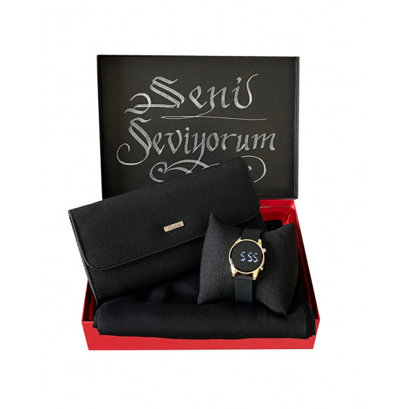 Hediye Seti Siyah Bayan Şal Cüzdan Siyah Kol Saati (KAPAK NOTUMUZ ÖRNEKTİR.)