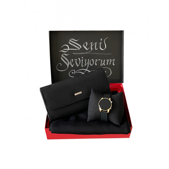 Hediye Seti Siyah Bayan Şal Cüzdan Siyah Kol Saati (KAPAK NOTUMUZ ÖRNEKTİR.) - 2