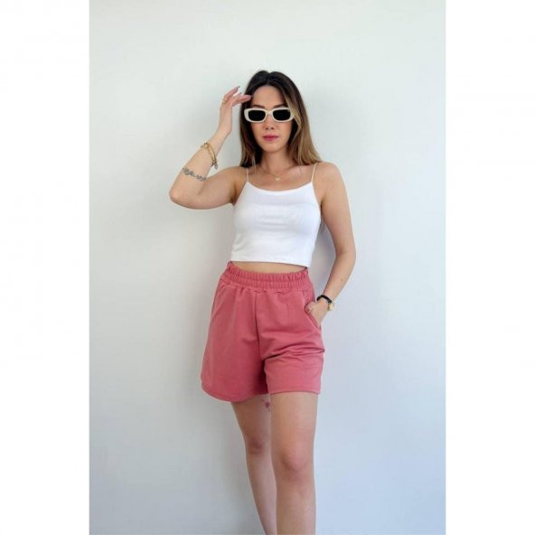 Hannah Bel Lastikli Basic Penye Şort Gül