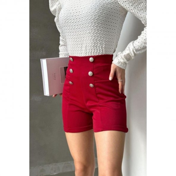 Düğme Detaylı Cepli Mini Şort Bordo