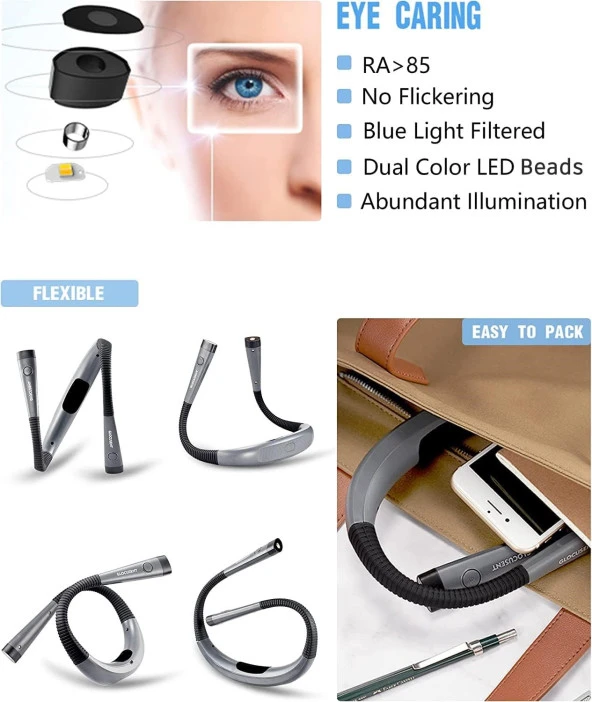 Glocusent Led Kitap Okuma Lambası 3 Renk - Şarj Edilebilir - 4