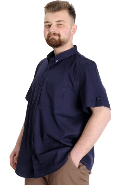 Mode XL Büyük Beden Erkek Gömlek Gabardin Kısa Kol Tek Cep 23302 Lacivert - Resim 3