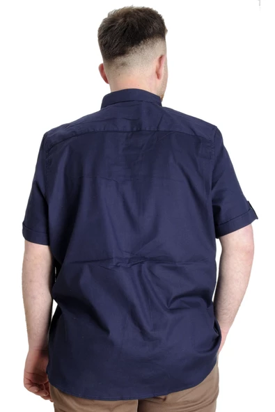 Mode XL Büyük Beden Erkek Gömlek Gabardin Kısa Kol Tek Cep 23302 Lacivert - Resim 4