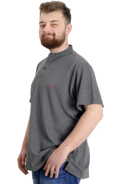 Mode XL Büyük Beden Erkek T-shirt Hakim Yaka MD LOGO 22326 Antramelanj - 3