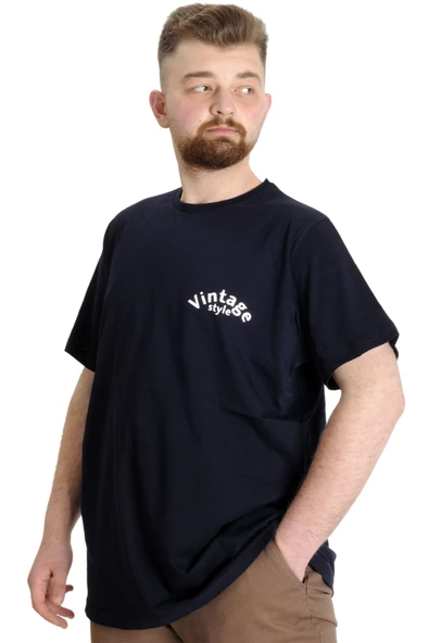 Mode XL Büyük Beden Erkek T-shirt VINTAGE 23144 Lacivert - Resim 2