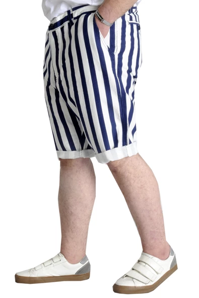 Mode XL Büyük Beden Erkek Gabardin Kapri Çizgili 22412 Lacivert-Beyaz - 3