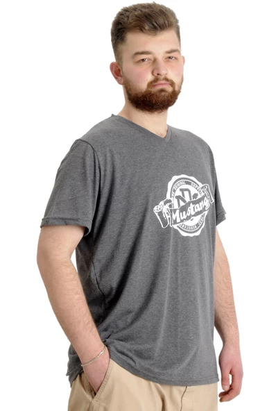 Mode XL Büyük Beden Erkek V Yaka T-shirt MUSTANG 23034 Antramelanj - Resim 2