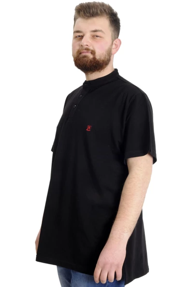 Mode XL Büyük Beden Erkek T-shirt Hakim Yaka MD LOGO 22326 Siyah - Resim 2