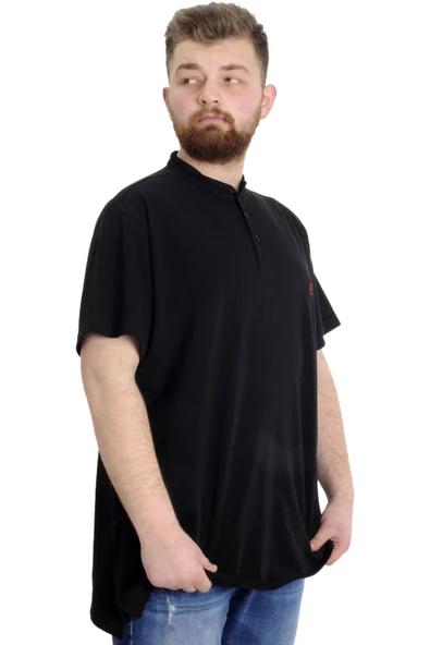 Mode XL Büyük Beden Erkek T-shirt Hakim Yaka MD LOGO 22326 Siyah - Resim 3