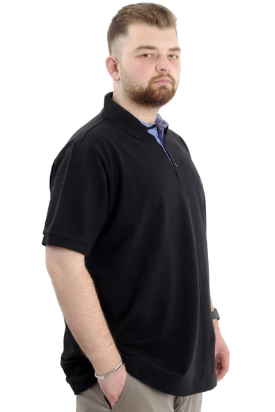 Mode XL Battal Beden Erkek Tshirt Polo Yaka Nakışlı Klasik Pike 20553 Siyah - Resim 4