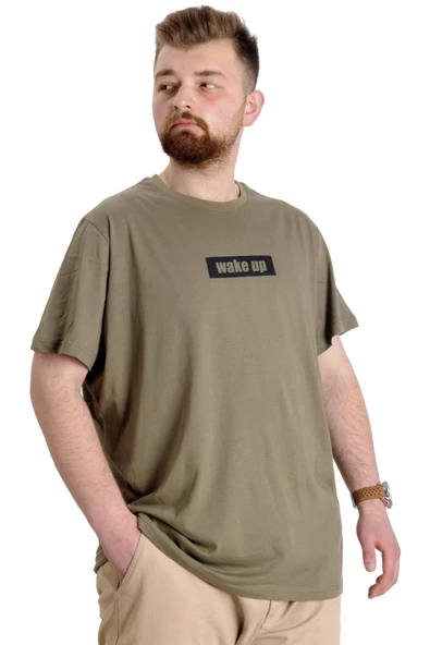 Mode XL Büyük Beden Erkek T-shirt KEEP THE GLOW 23149 Haki - Resim 4