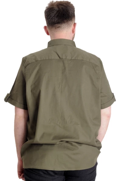 Mode XL Büyük Beden Erkek Gömlek Gabardin Kısa Kol Tek Cep 23302 Haki - 4