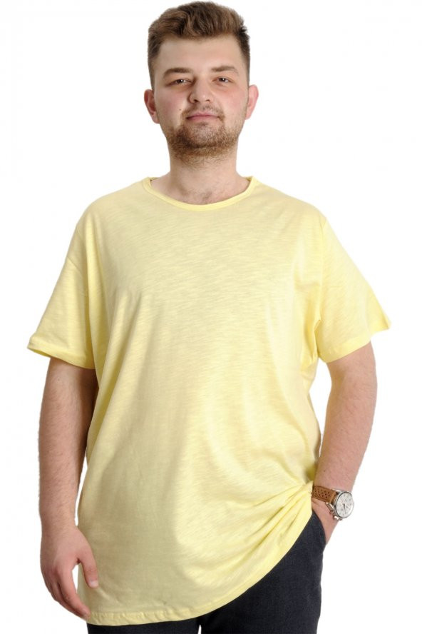 Mode XL Büyük Beden Erkek T-shirt FLAM Yaka Basic 20035 Sarı