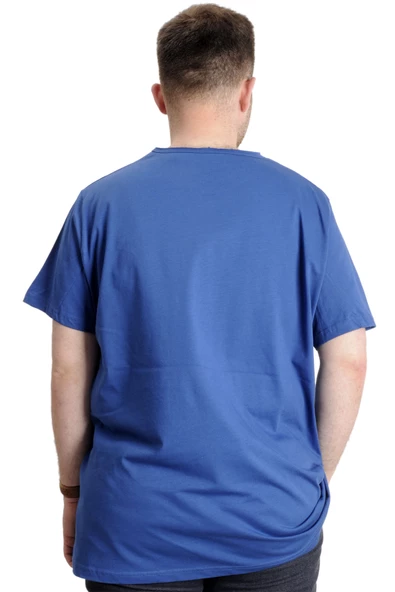 Mode XL Büyük Beden Erkek T-shirt Pis Yaka Basic 23035 İndigo - Resim 4