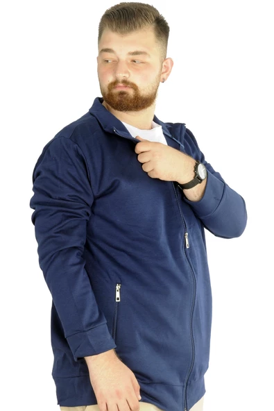 Mode XL Buyuk Beden Erkek Hırka Fermuarlı Stell Dik Yaka 20571 İndigo - 3