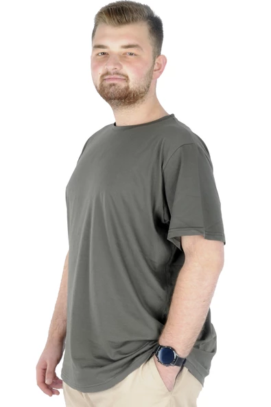 Mode XL Büyük Beden Likralı T-shirt Bisiklet Yaka 20149 Haki - Resim 5