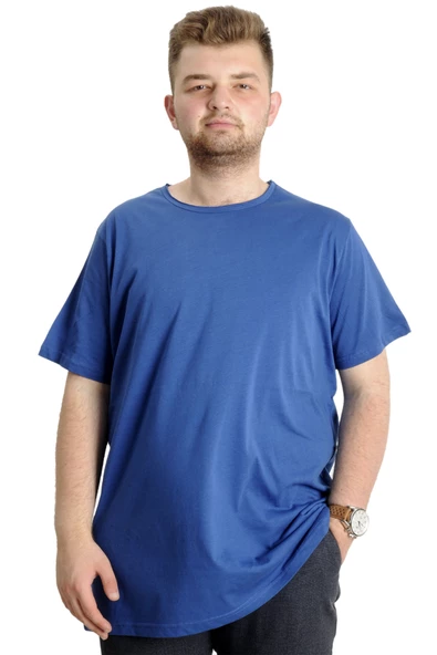 Mode XL Büyük Beden Erkek T-shirt Pis Yaka Basic 23035 İndigo ürün görseli