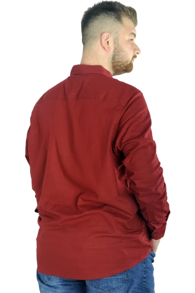 Mode XL Büyük Beden Erkek Keten Likralı UKol Hakim Yaka Gömlek 20388 Bordo - 4