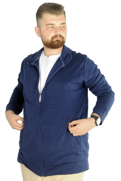 Mode XL Buyuk Beden Erkek Hırka Fermuarlı Stell Dik Yaka 20571 İndigo