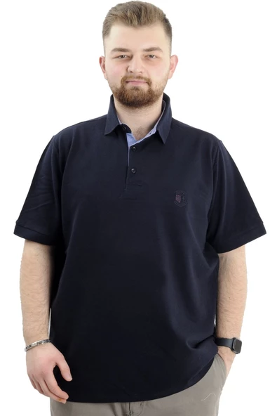 Mode XL Battal Beden Erkek Tshirt Polo Yaka Nakışlı Klasik Pike 20553 Lacivert