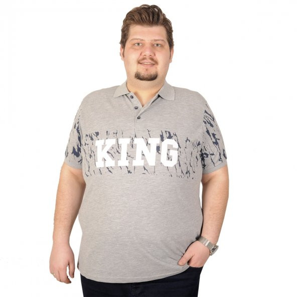 Mode XL Büyük Beden Erkek T-Shirt Polo Baskılı King 19409 Gri Melanj