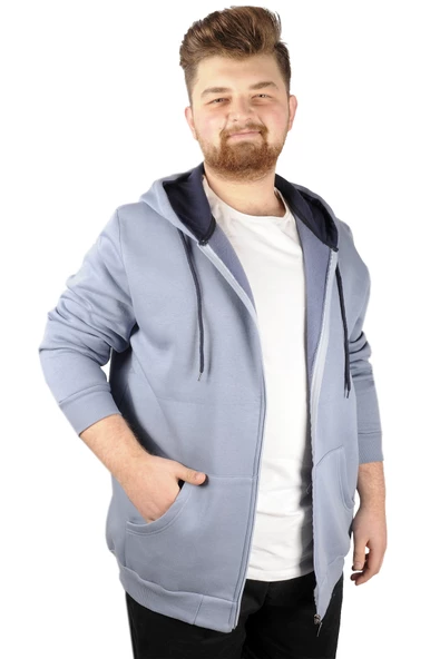 Mode XL Erkek Sweatshirt Kapşonlu Zippered Basic 20543 Mavi ürün görseli