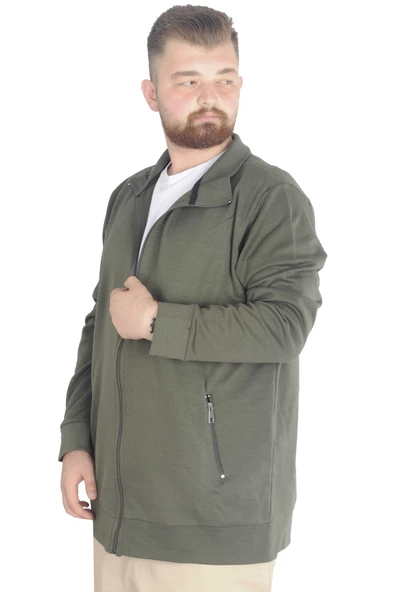 Mode XL Buyuk Beden Erkek Hırka Fermuarlı Stell Dik Yaka 20571 Haki - 5