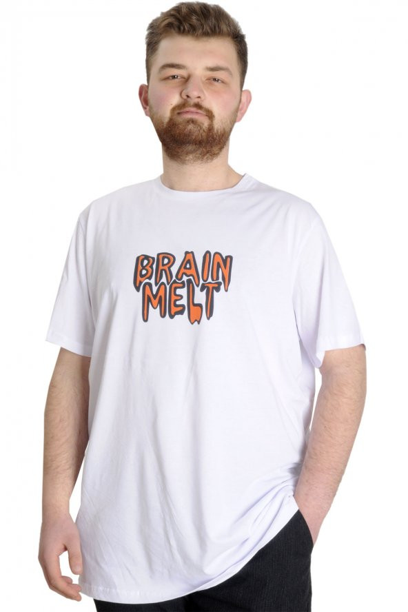 Mode XL Büyük Beden Erkek T-shirt BRAIN MELT 23141 Beyaz
