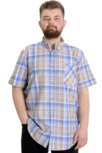 Mode XL Büyük Beden Erkek Gömlek Ekose Kısa Kollu 23301 Kum