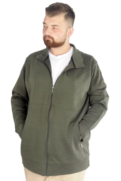 Mode XL Buyuk Beden Erkek Hırka Fermuarlı Stell Dik Yaka 20571 Haki