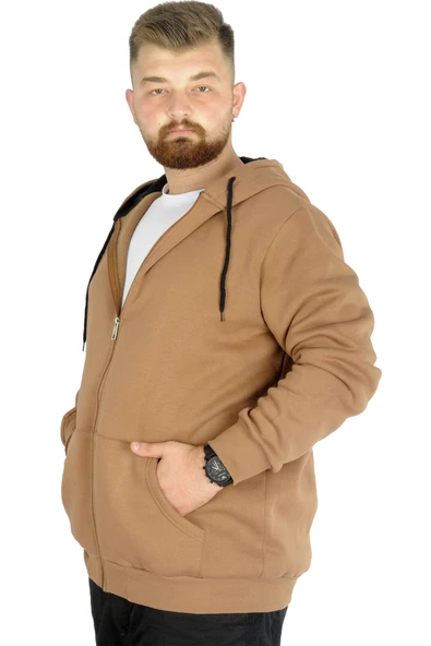 Mode XL Erkek Sweatshirt Kapşonlu Zippered Basic 20543 Sütlükahve - 2