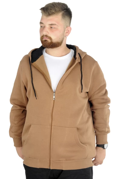Mode XL Erkek Sweatshirt Kapşonlu Zippered Basic 20543 Sütlükahve