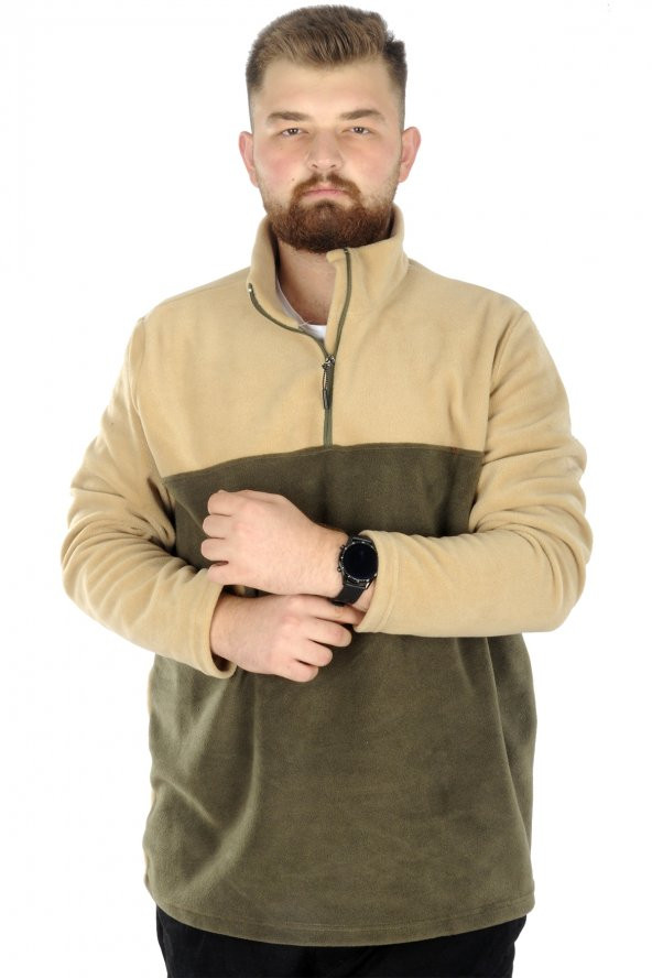 Mode XL Erkek Sweat Polo Yaka Yarım Fermuarlı Polar 22552 Bej