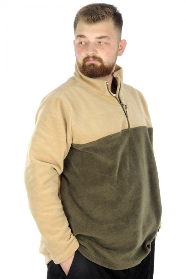 Mode XL Erkek Sweat Polo Yaka Yarım Fermuarlı Polar 22552 Bej - 2