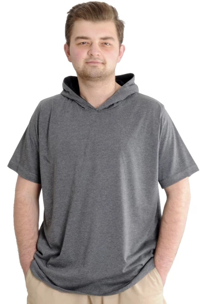 Mode XL Büyük Beden Erkek T-shirt Kapşonlu Kısa Kol 23118 Antramelanj ürün görseli 1