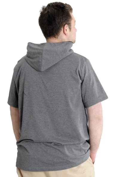 Mode XL Büyük Beden Erkek T-shirt Kapşonlu Kısa Kol 23118 Antramelanj - Resim 3