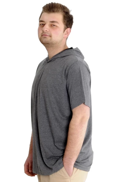 Mode XL Büyük Beden Erkek T-shirt Kapşonlu Kısa Kol 23118 Antramelanj - Resim 4