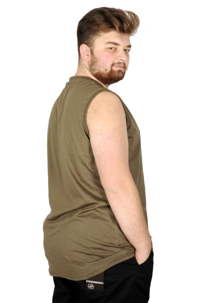 Mode XL Battal Beden Erkek Kolsuz Tshirt Düz 20003 Haki - Resim 2