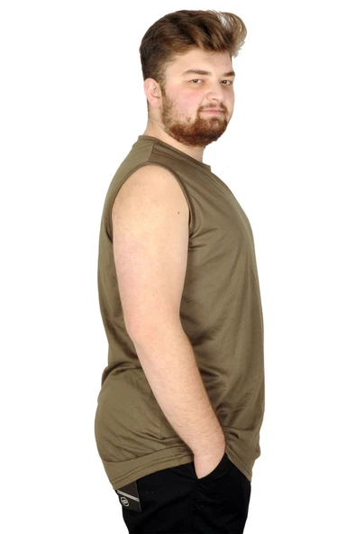 Mode XL Battal Beden Erkek Kolsuz Tshirt Düz 20003 Haki - Resim 8
