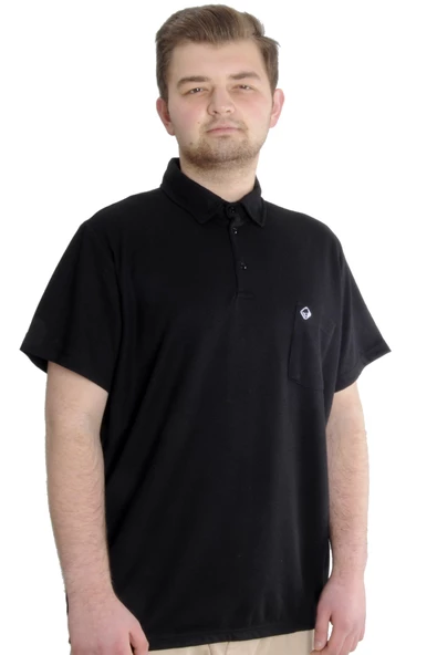 Mode XL Büyük Beden Erkek T-shirt Polo Cepli Golf WAFFLE 23320 Siyah - Resim 2