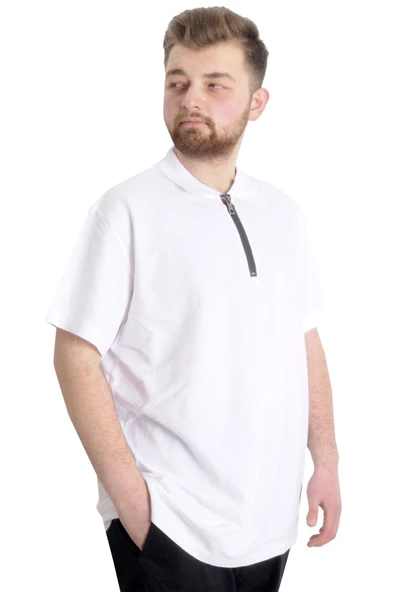 Mode XL Büyük Beden Erkek T-Shirt Fermuarlı Polo Yaka 21029 Beyaz - Resim 6