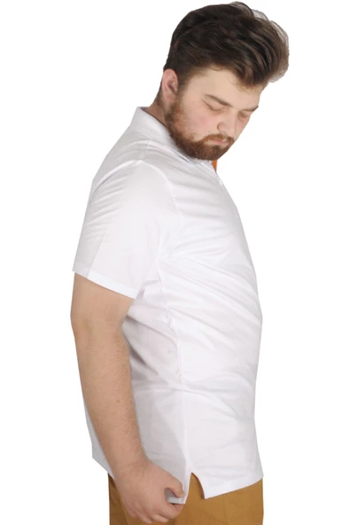 Mode XL Büyük Beden Erkek T-Shirt Fermuarlı Polo Yaka 21029 Beyaz - Resim 3