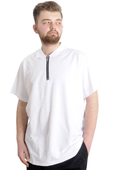 Mode XL Büyük Beden Erkek T-Shirt Fermuarlı Polo Yaka 21029 Beyaz - Resim 5
