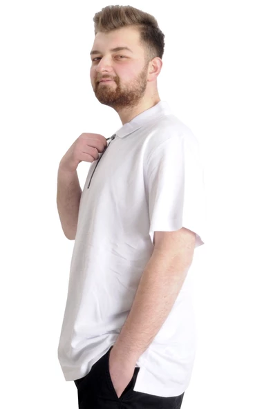 Mode XL Büyük Beden Erkek T-Shirt Fermuarlı Polo Yaka 21029 Beyaz - Resim 7