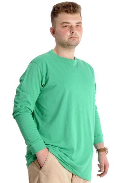Mode XL Büyük Beden Erkek Tshirt Uzun Kol Manşetli 20103 Yeşil - Resim 2