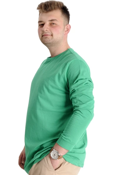Mode XL Büyük Beden Erkek Tshirt Uzun Kol Manşetli 20103 Yeşil - Resim 3