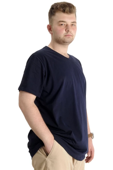 Mode XL Büyük Beden Erkek Tshirt V Yaka 20032 Lacivert - Resim 8