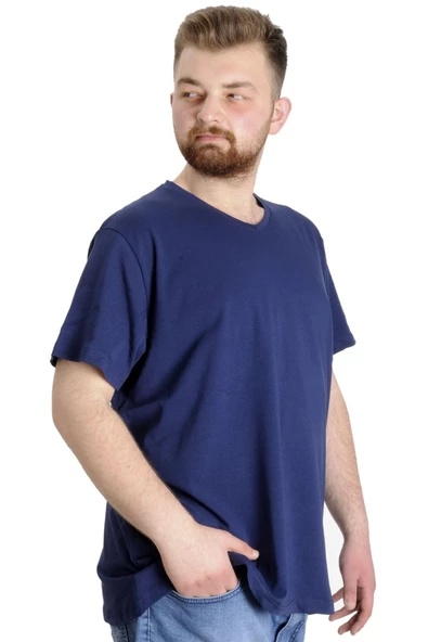 Mode XL Büyük Beden T-Shirt V Yaka Likralı 20150 İndigo - Resim 4