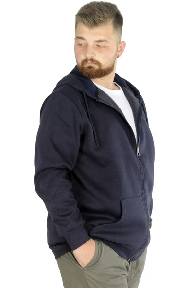 Mode XL Erkek Sweatshirt Kapşonlu Zippered Basic 20543 Lacivert - Resim 2